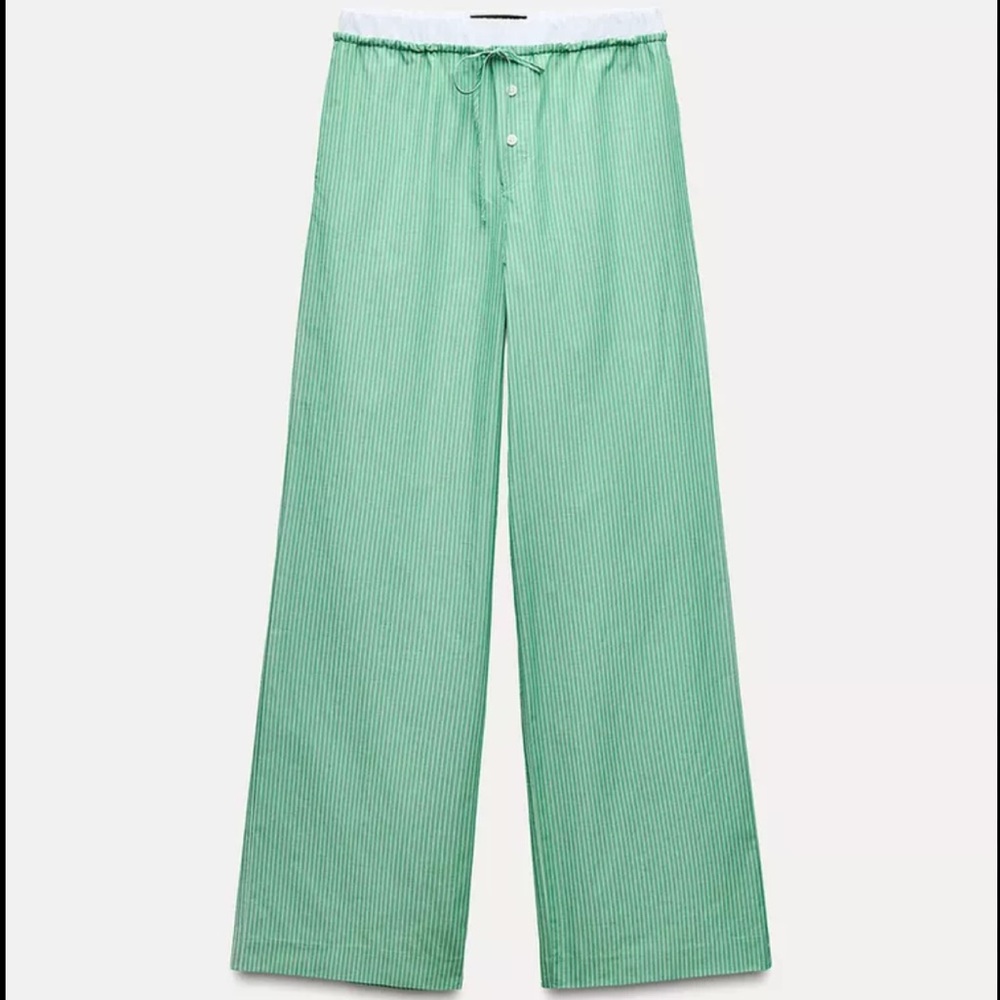 Green Zara Striped Wide-Leg Pants